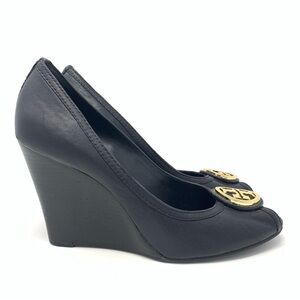 Tory Burch Black Peep Toe Wedge with Gold Emblem Size 9